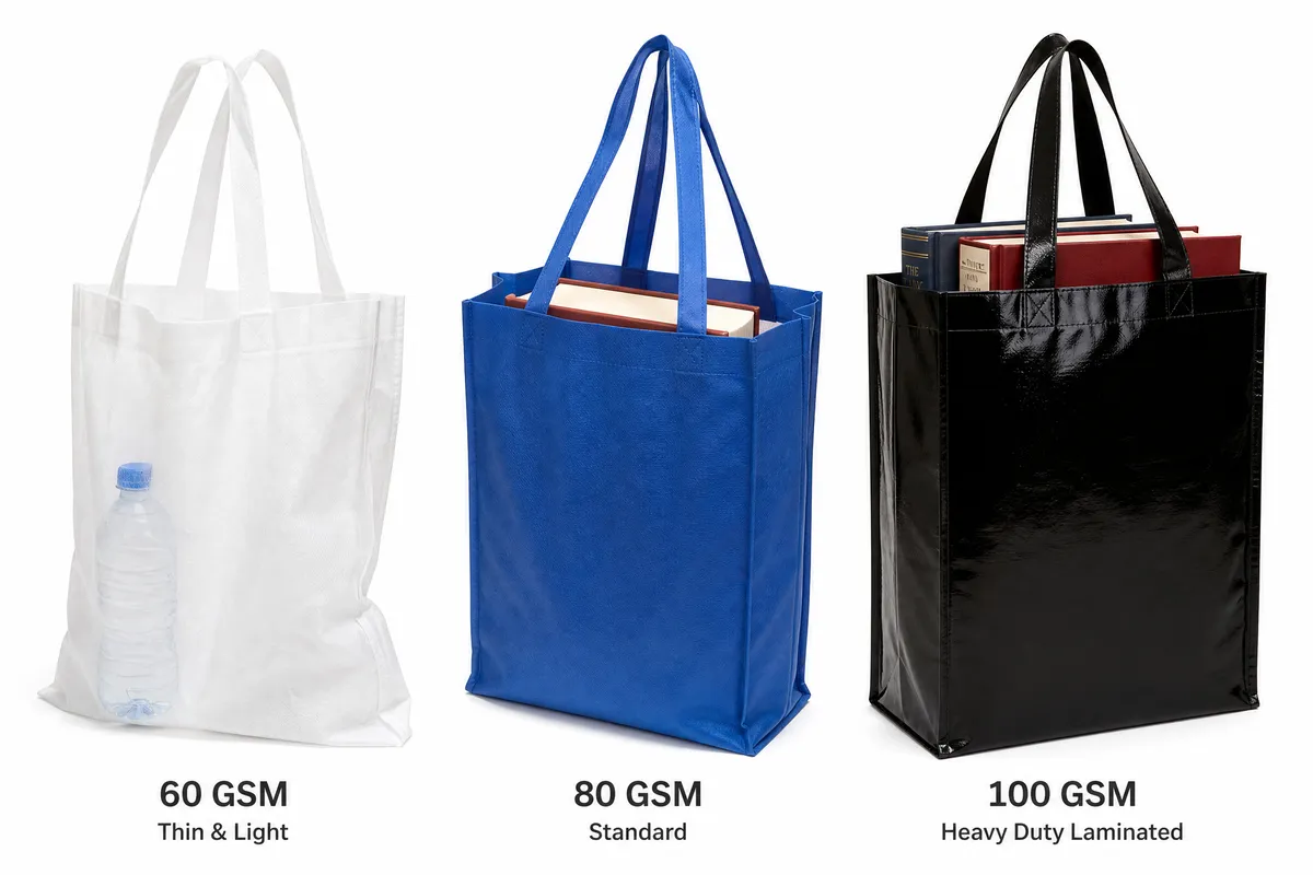 Non-woven polypropylene bag GSM weight comparison from ultralight to heavy-duty