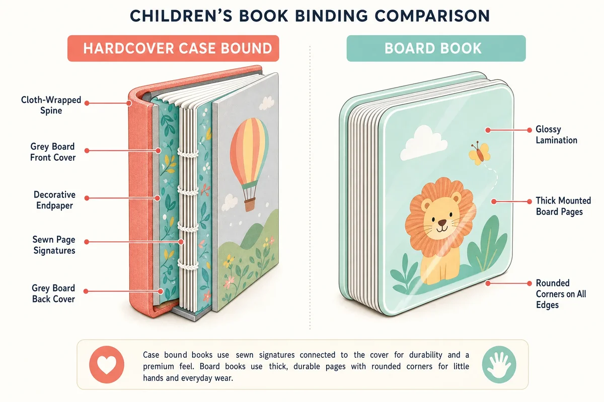 Side-by-side comparison of hardcover case bound binding and board book binding construction with labeled callouts for spine, endpapers, and board thickness