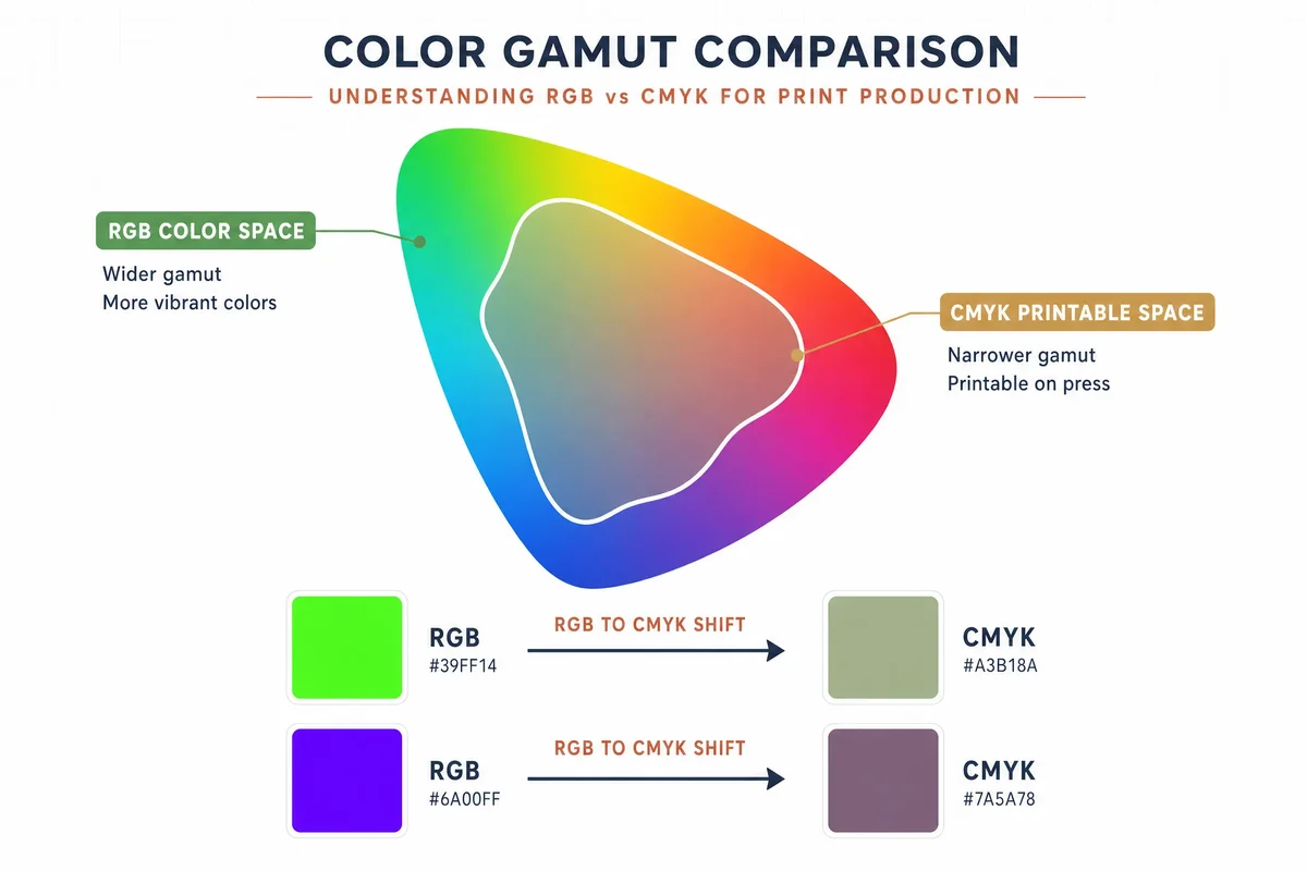 Visual diagram comparing RGB color gamut versus CMYK printable gamut with examples of colors that shift during conversion