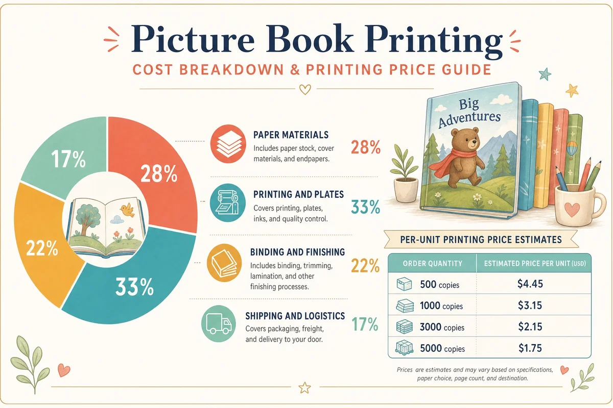 Infographic showing cost breakdown of picture book printing by component: paper, printing, binding, finishing, and shipping percentages