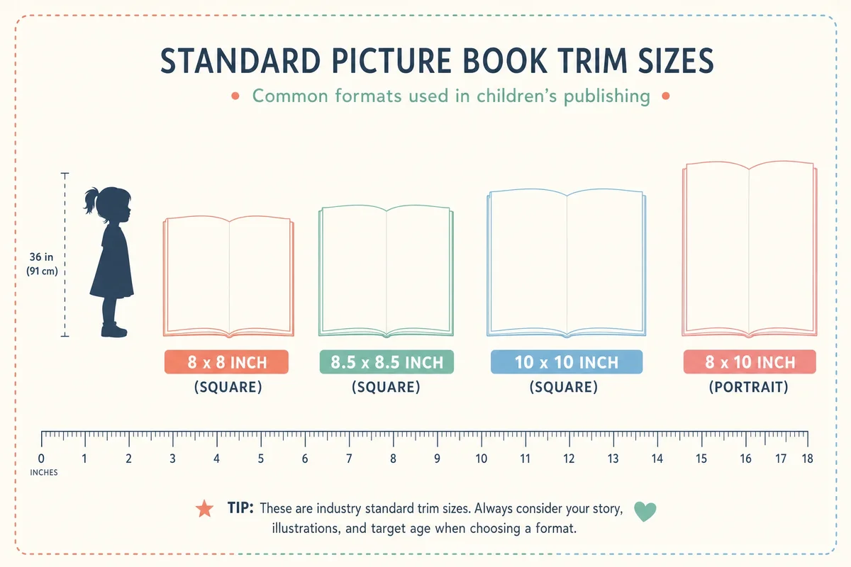 Comparison chart showing standard picture book trim sizes including 8x8, 8.5x8.5, 10x10, and 8x10 inch formats with visual scale reference