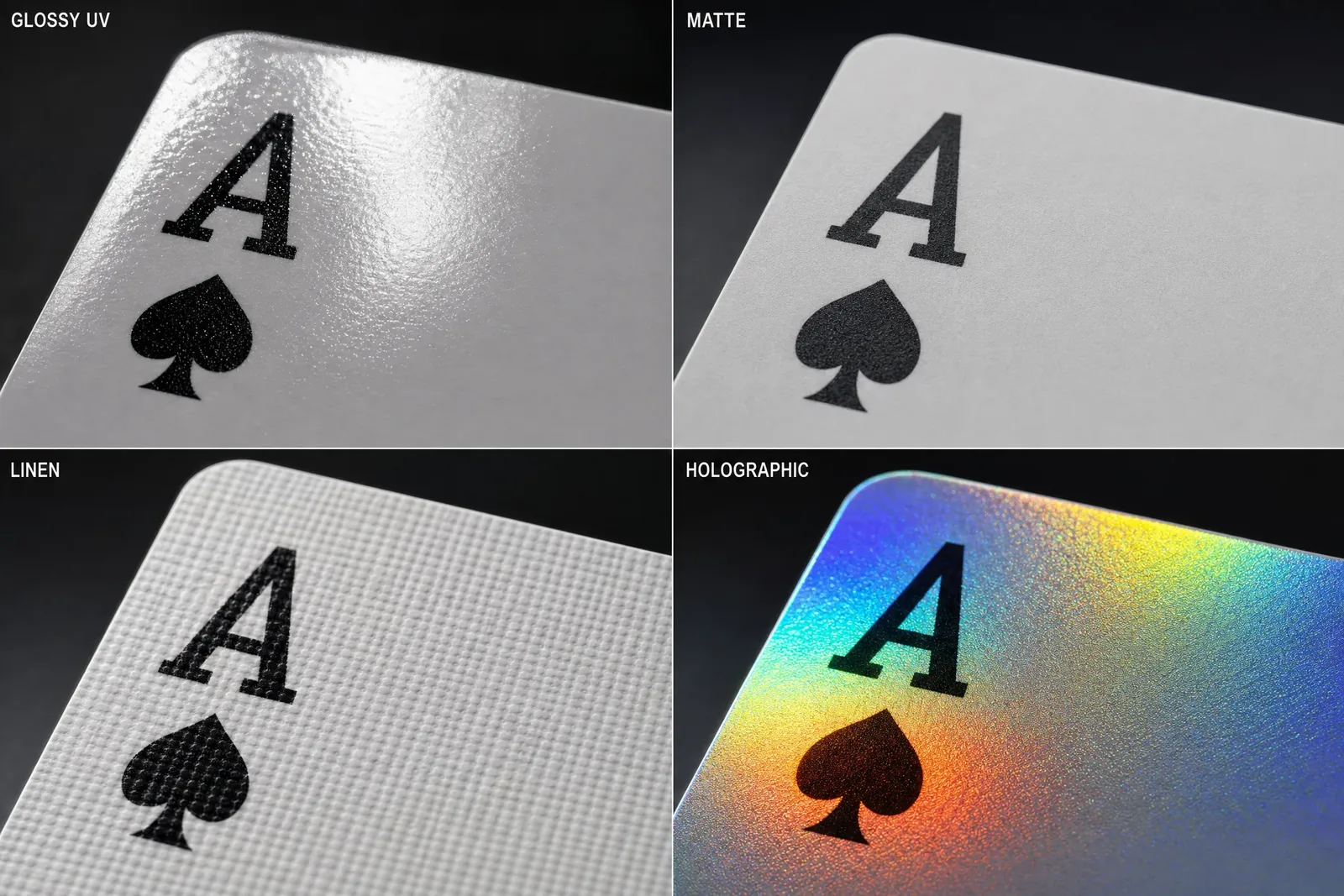 Close-up comparison of glossy, matte, linen, and holographic card finishes showing texture and light reflection