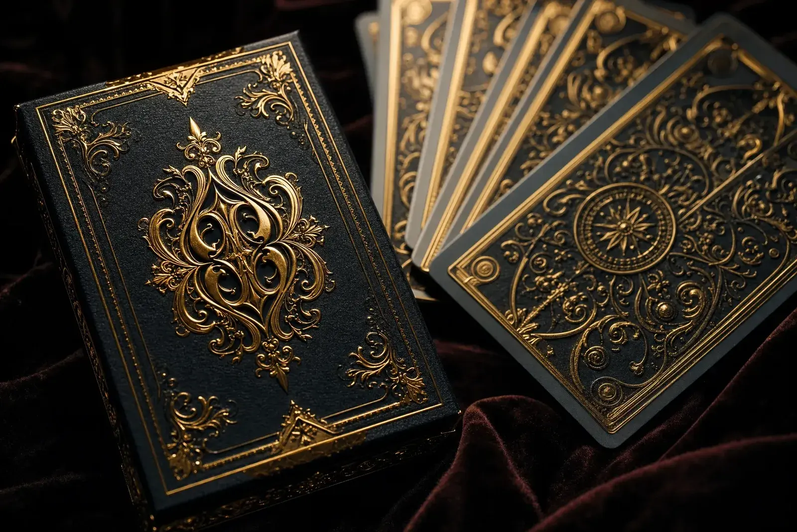 Close-up detail of gold foil stamping on a custom tuck box with playing cards visible inside