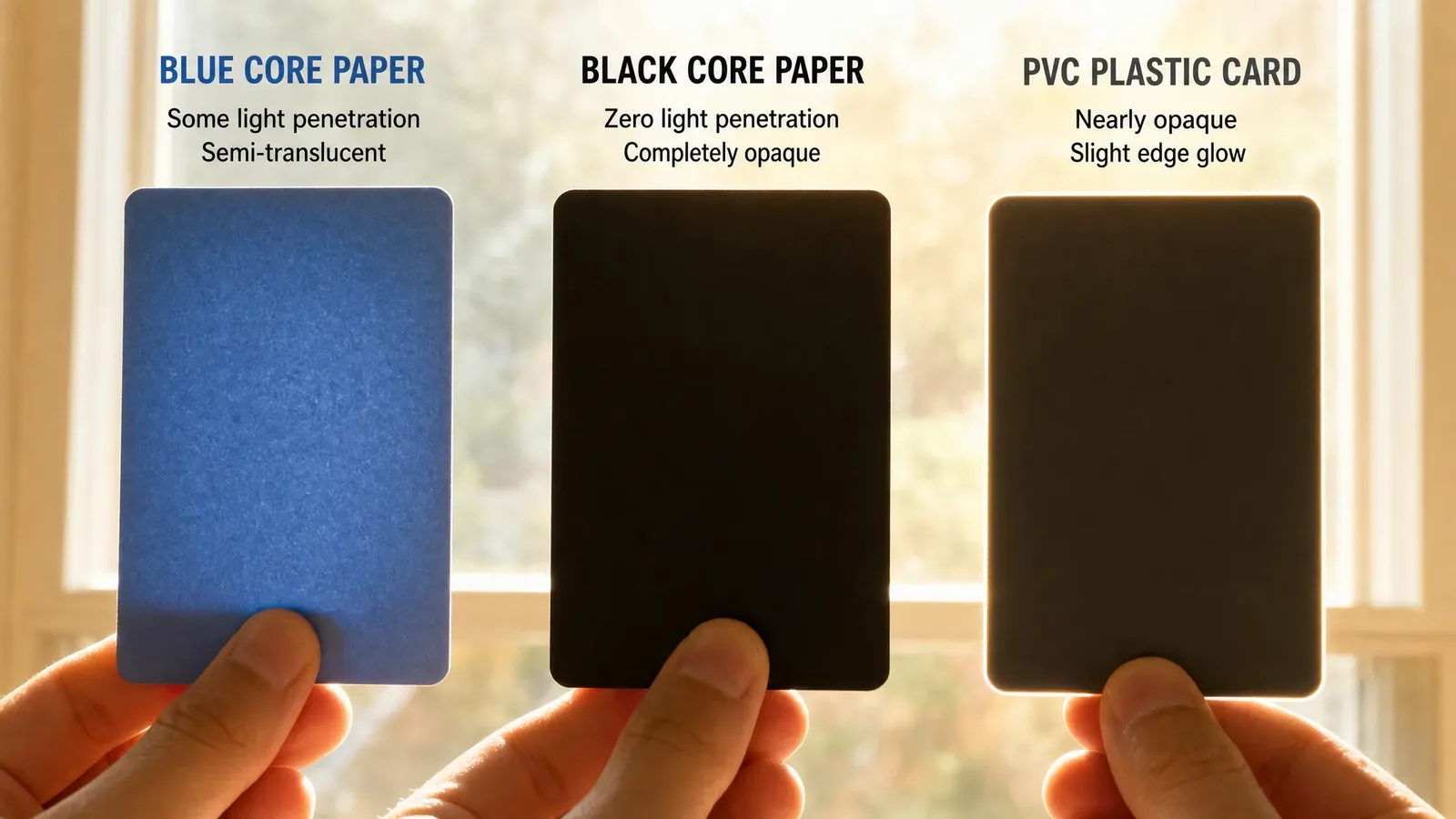 Blue core, black core, and PVC card samples side by side showing opacity differences when held to light