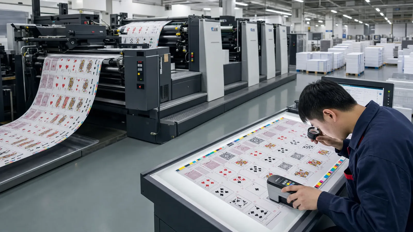 Modern card printing production line in China showing offset press and quality inspection stations