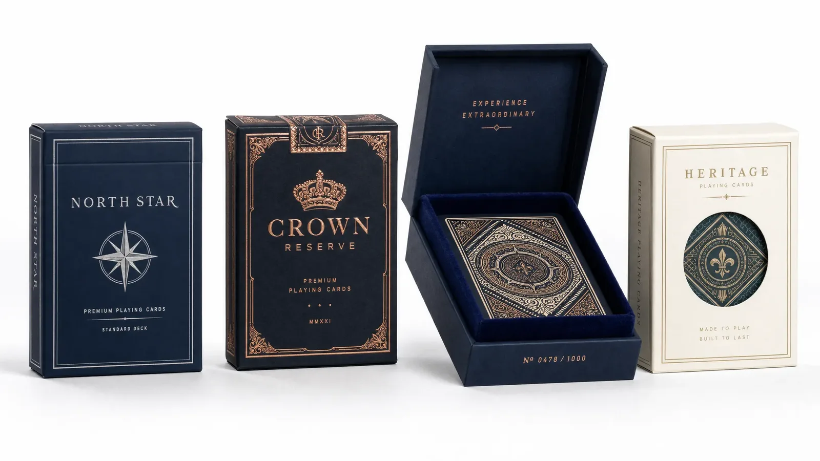 Assortment of tuck boxes and rigid boxes in different finishes including matte, gloss, and foil-stamped designs