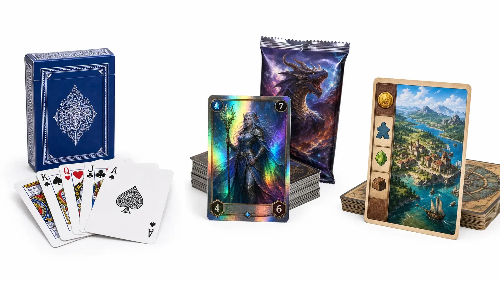 Visual comparison of playing cards, trading cards, and game cards showing size, finish, and packaging differences