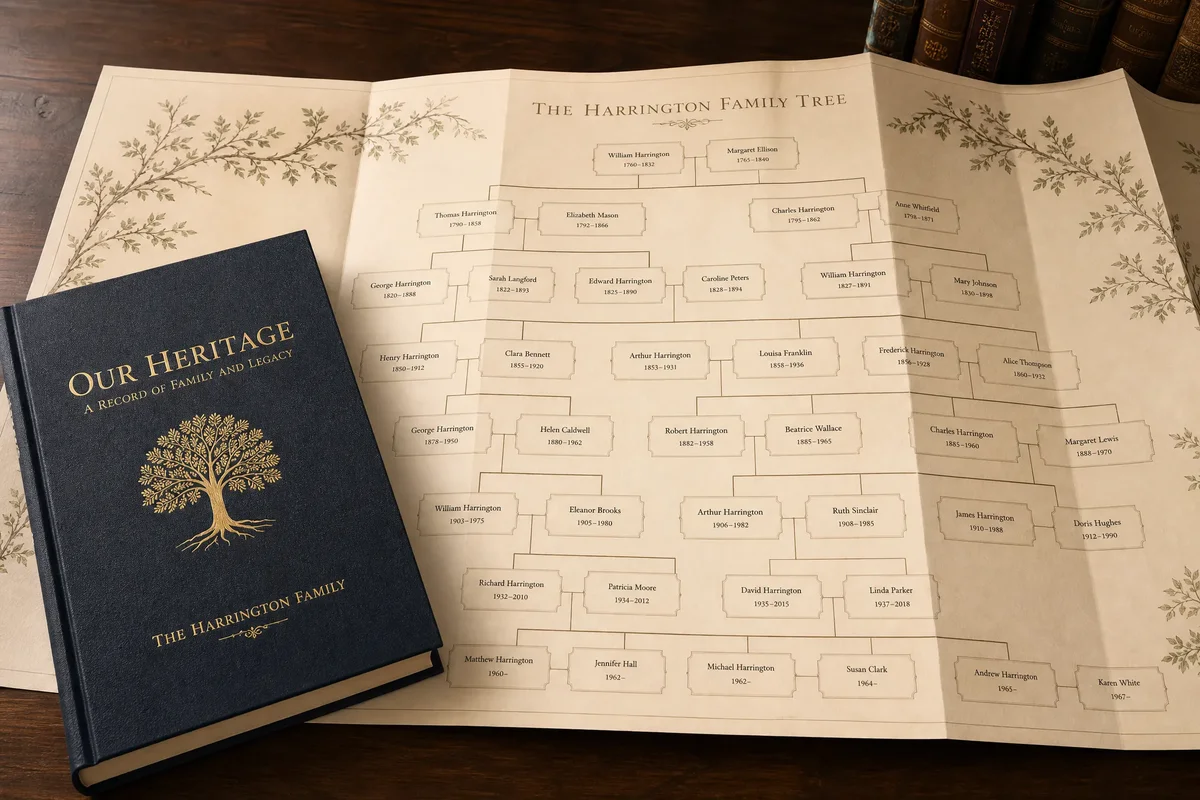 Family history book with fold-out genealogy chart, archival paper, and cloth-bound hardcover