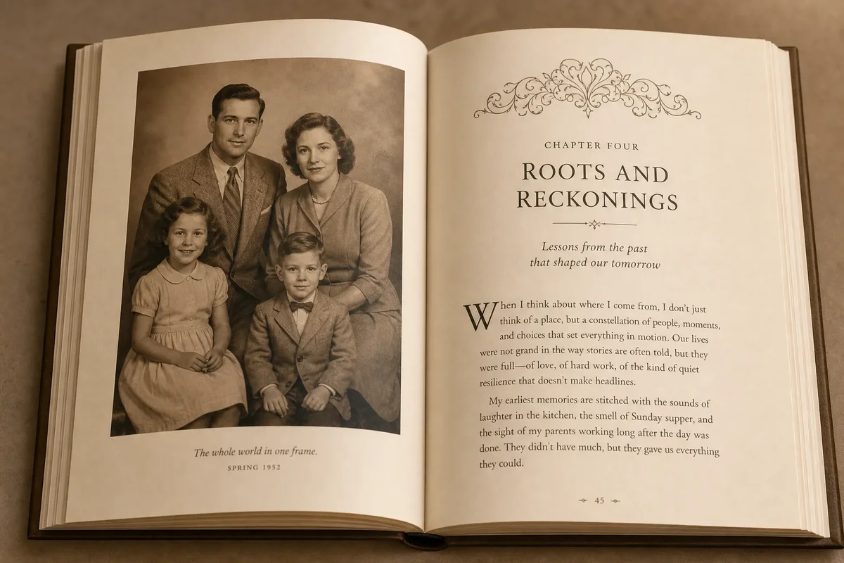 Memoir book interior layout showing photo inserts, chapter openers, and warm-toned duotone images