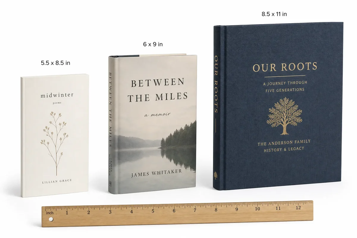 Side-by-side comparison of popular book trim sizes for poetry, memoir, and family history books
