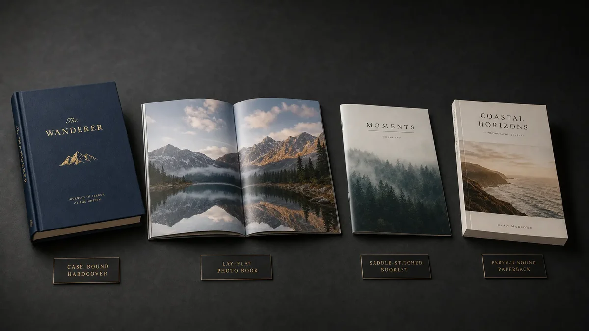 Four binding types side by side: hardcover case binding, lay-flat binding, saddle stitching, and perfect binding with annotations