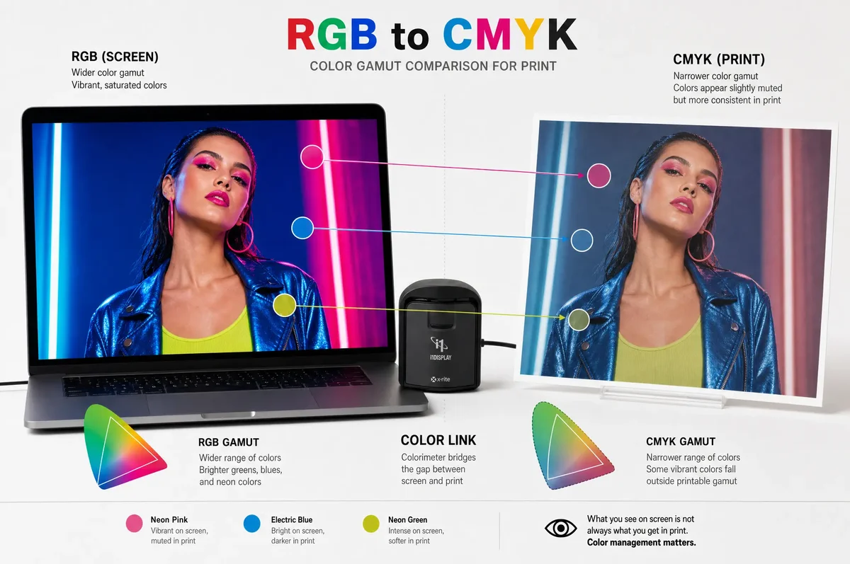 CMYK color gamut comparison chart showing the difference between RGB screen colors and printable CMYK colors
