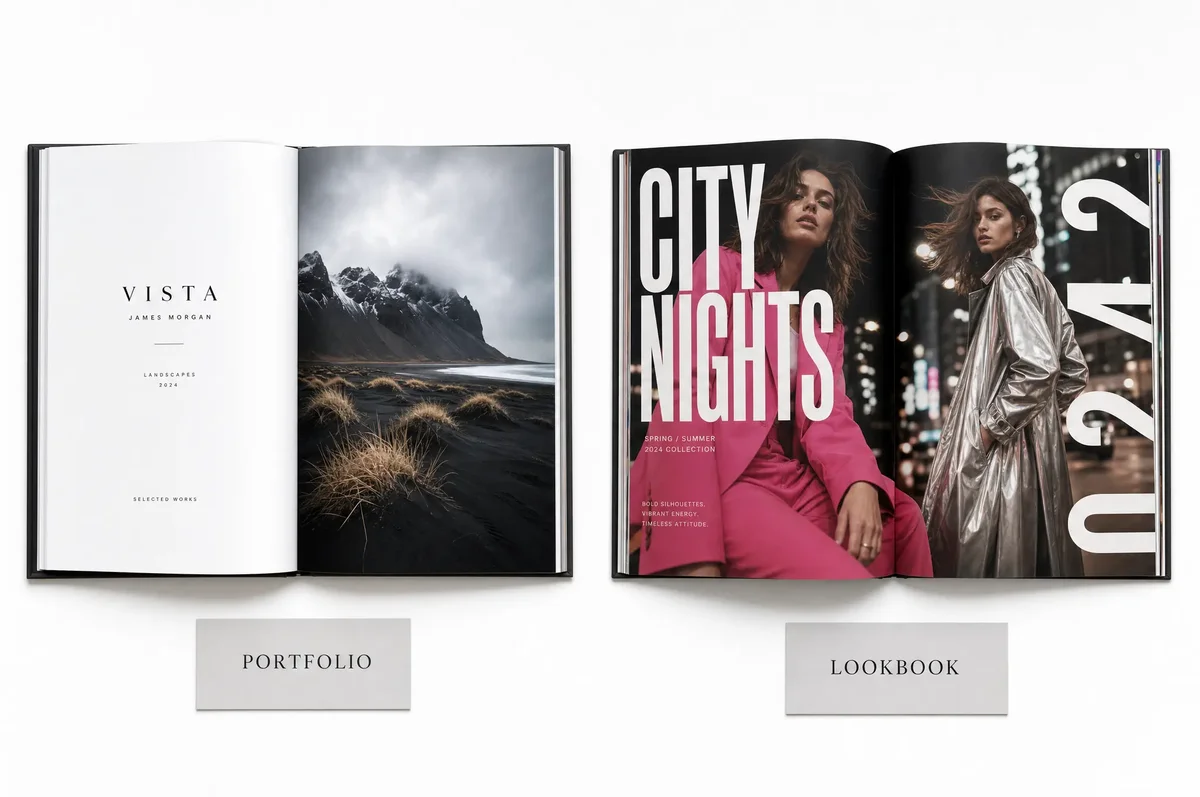 Side-by-side comparison of a printed portfolio book and fashion lookbook showing different layout styles, paper finishes, and binding approaches
