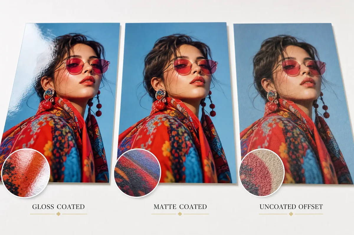 Close-up comparison of gloss coated, matte coated, and uncoated paper surfaces showing ink rendering differences