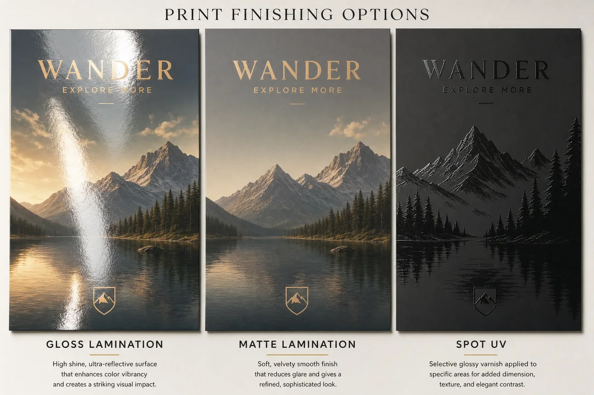 Side-by-side comparison of gloss lamination, matte lamination, and spot UV finishes on printed posters