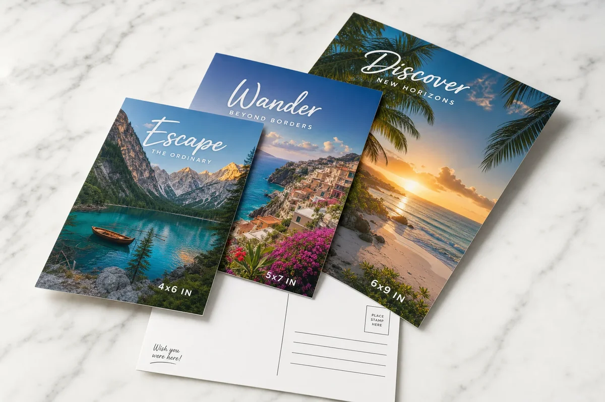 Comparison of 4x6, 5x7, and 6x9 postcard sizes with double-sided printing examples