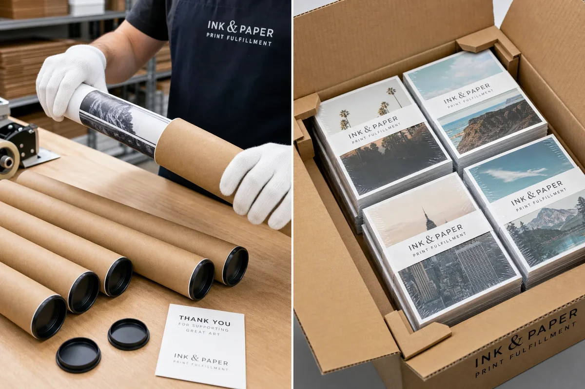 Kraft tube packaging for posters and shrink-wrapped postcard bundles in corrugated cartons