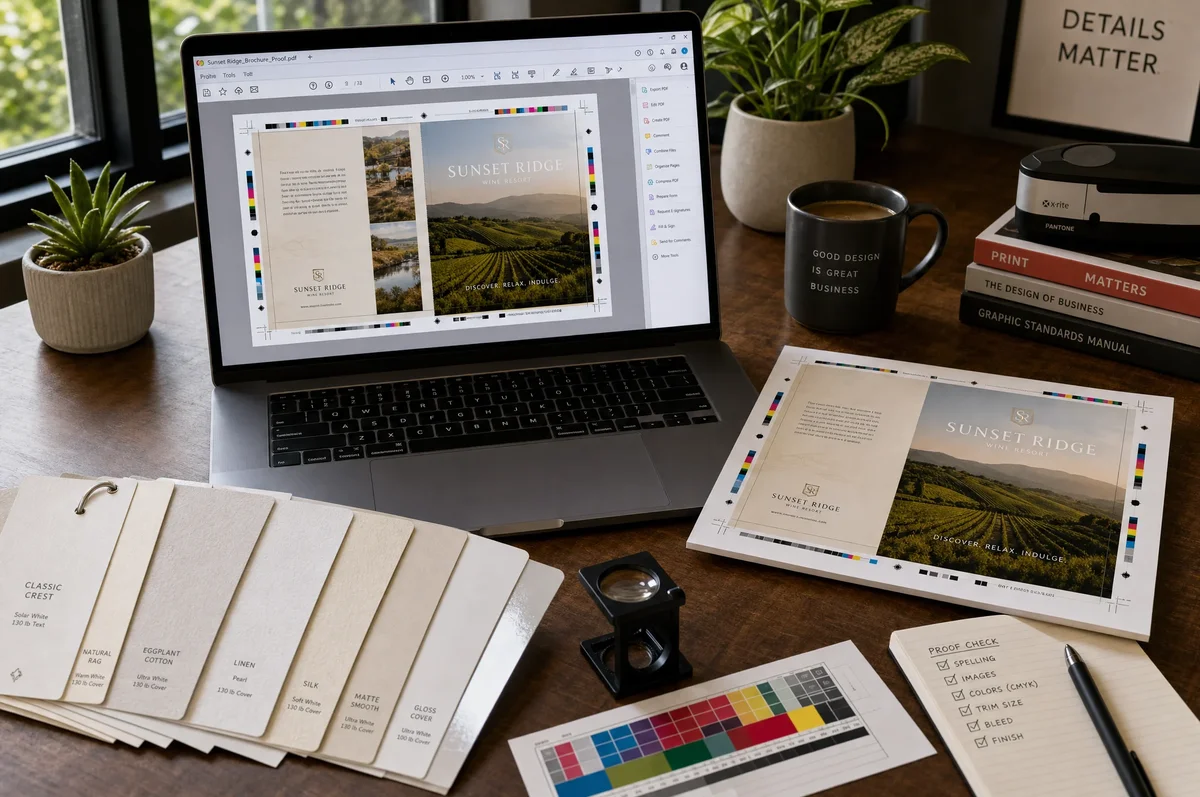 Digital PDF proof on screen next to a physical hard-copy proof and paper swatch samples