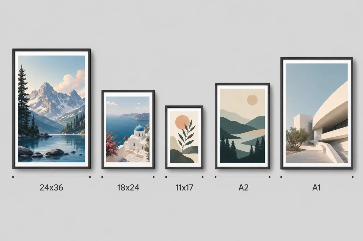 Standard poster sizes comparison chart showing 24x36, 18x24, 11x17, A2, and A1 dimensions side by side