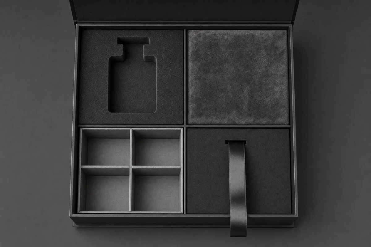 Open rigid box showing different interior insert options: EVA foam, velvet tray, satin lining, and cardboard divider