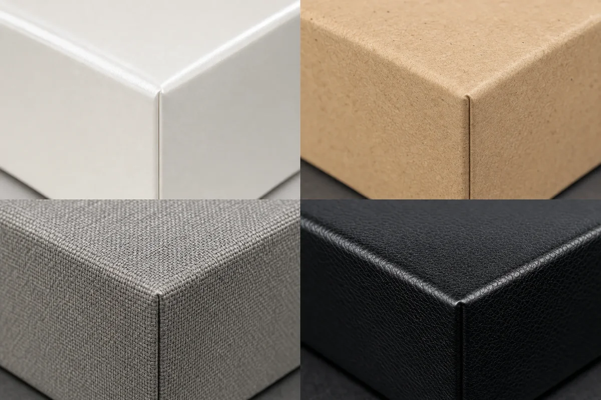 Close-up of a rigid box paper wrapping process showing greyboard wrapped with printed art paper and mitered corners