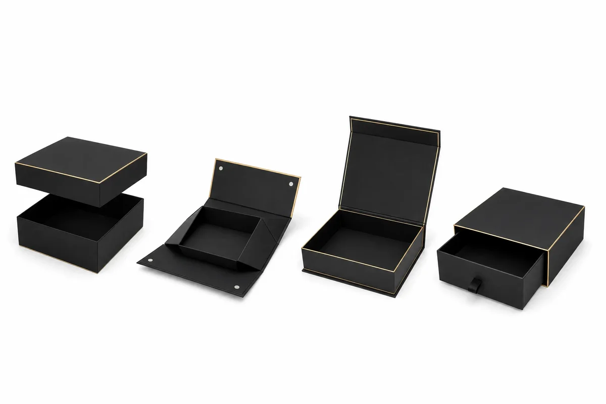 Four rigid box structural styles side by side: telescope box, book-style box, drawer box, and collapsible rigid box