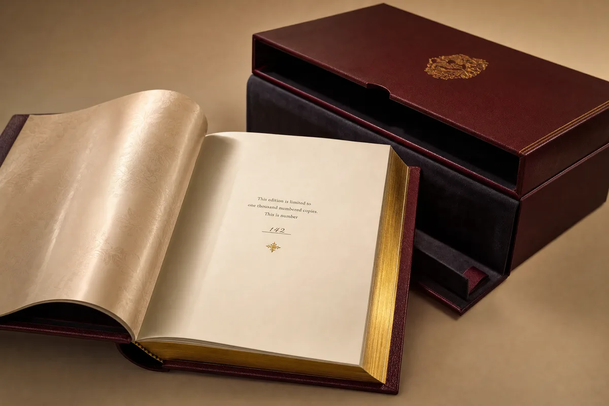 A collector's limited edition book set: leather-bound volume with numbered edition page, silk endpapers, gilded edges, and custom solander box