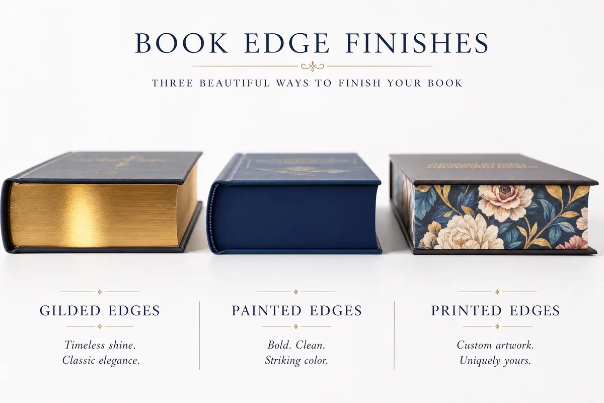 Comparison of three book edge treatments: gilded gold edges, painted solid-color edges, and a custom-printed fore-edge pattern on a closed book