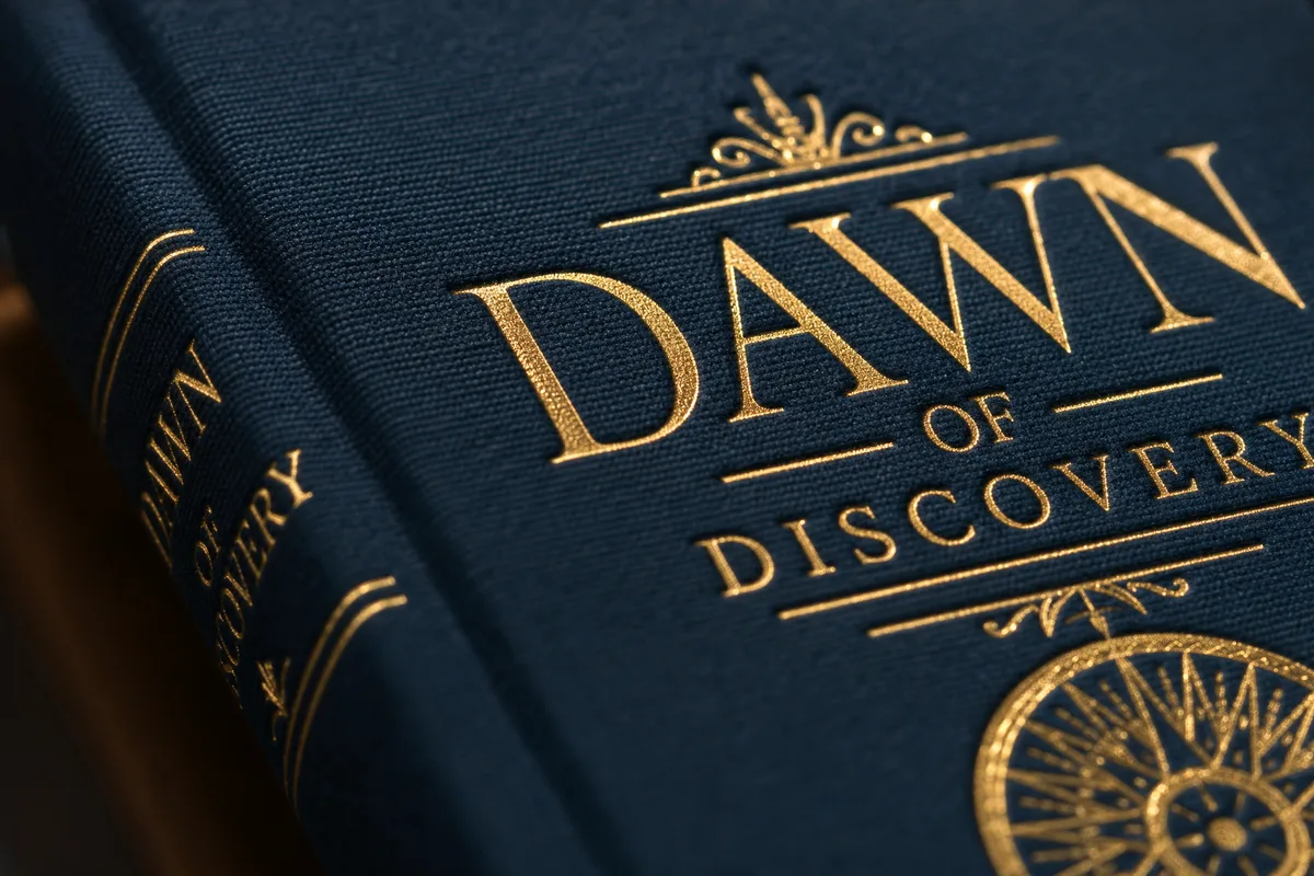 Closeup of gold foil stamping on a cloth-bound hardcover book, showing the metallic sheen and precise registration