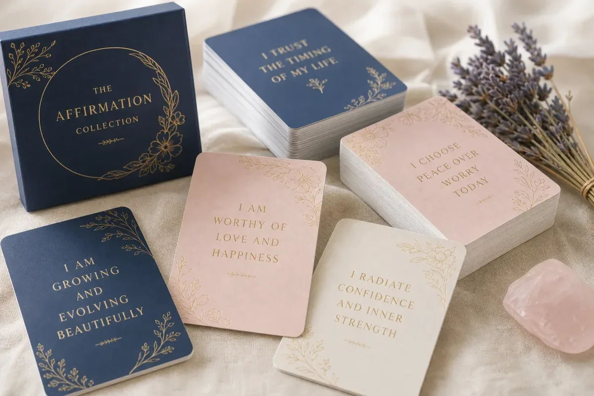 Custom affirmation card printing with linen-textured 350gsm art paper and matte finish
