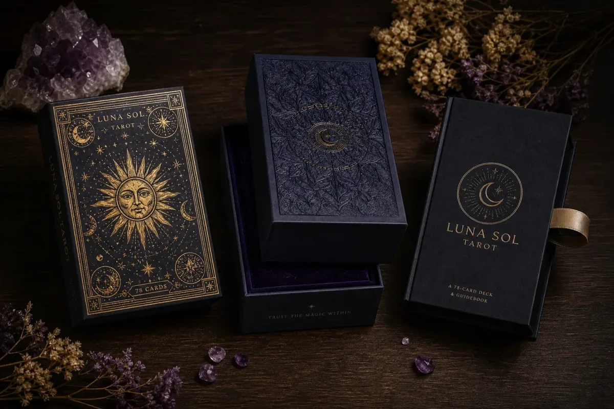 Box packaging options for custom card decks showing tuck box, rigid box, and magnetic box side by side