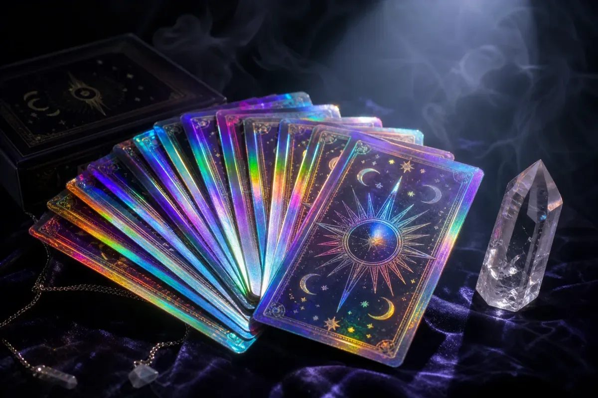 Holographic card printing showing rainbow-reflective foil effects on custom tarot deck