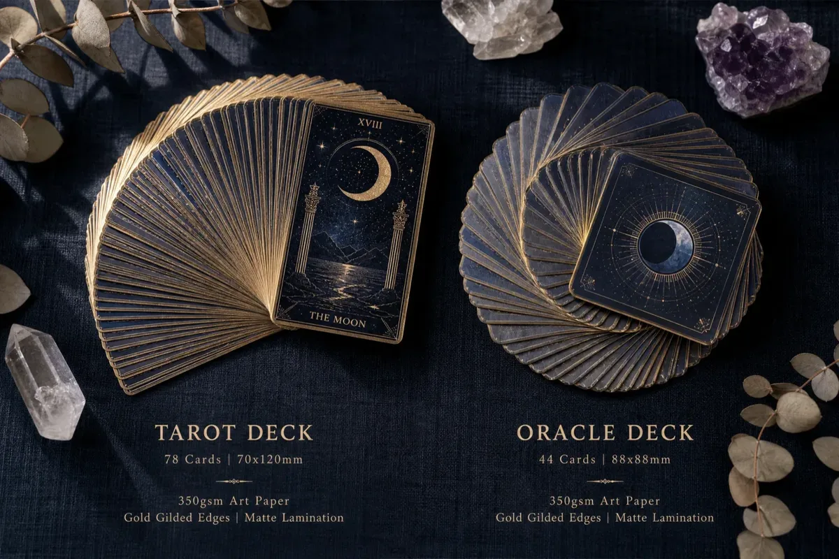 Oracle card printing vs tarot card printing side-by-side comparison showing size and finish options