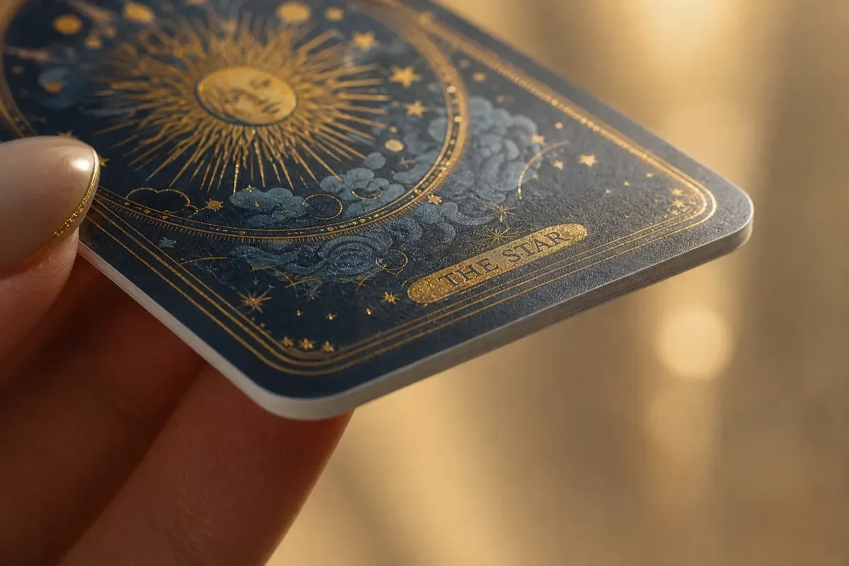 Custom tarot card printing specifications showing 350gsm art paper with matte lamination and rounded corners
