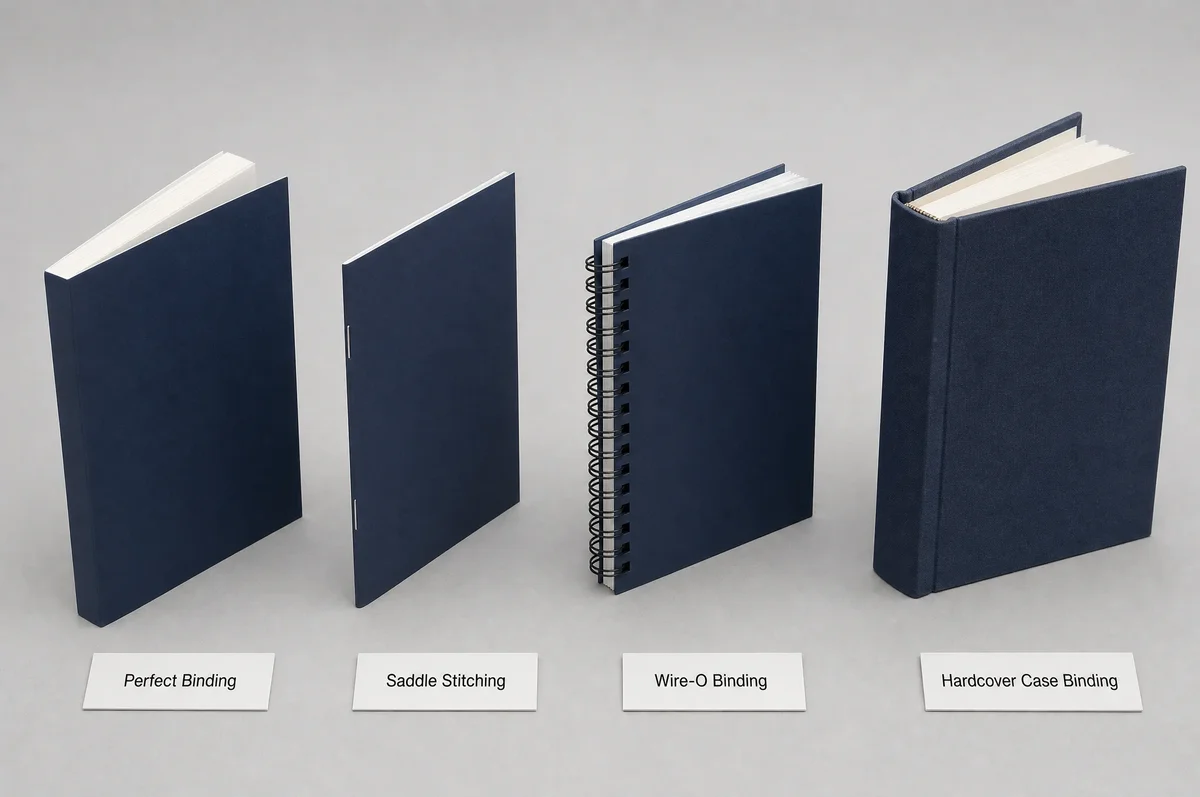 Four textbook binding methods side by side: perfect binding, saddle stitching, wire-o binding, and hardcover case binding