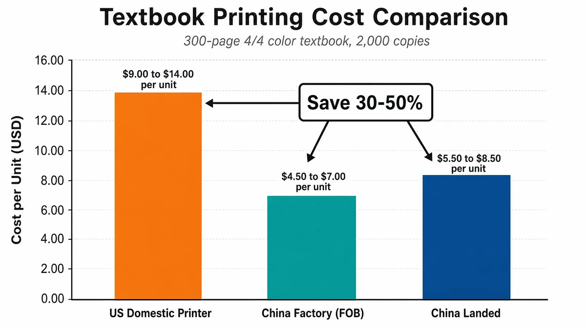 Cost comparison chart showing textbook printing costs: US domestic vs China offshore with shipping and tariff breakdown
