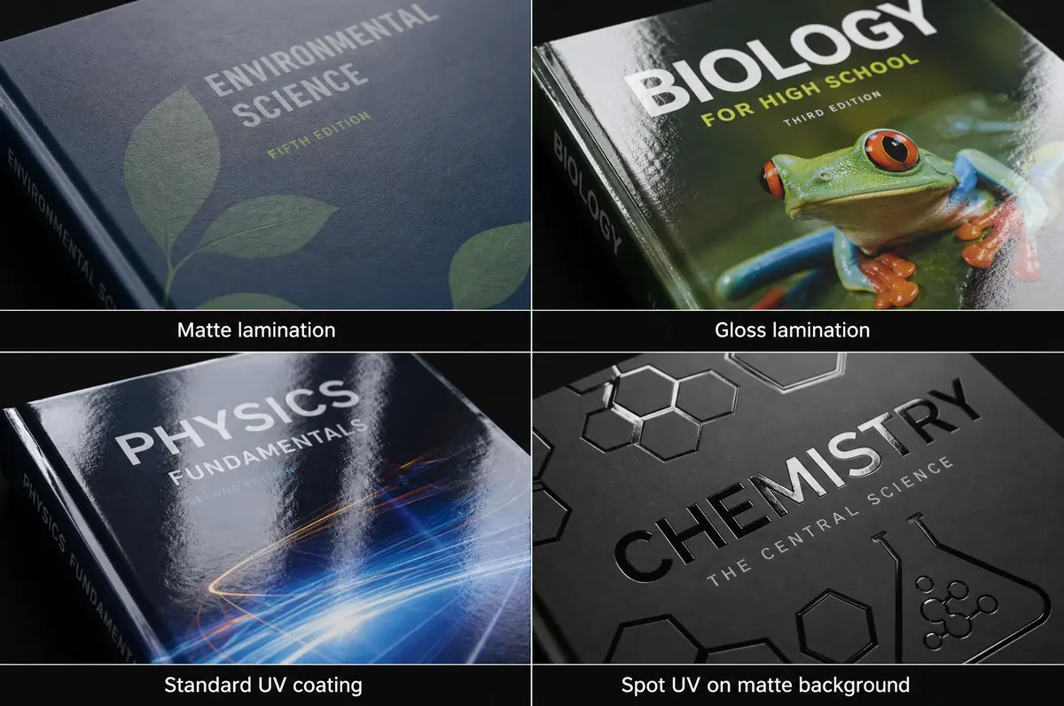 Close-up comparison of matte lamination, gloss lamination, UV coating, and spot UV finishing on textbook covers
