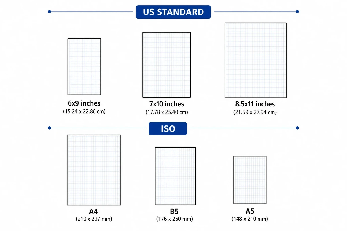 Textbook trim size comparison showing US standard sizes 6x9, 7x10, and 8.5x11 inches alongside ISO sizes A4, B5, and A5