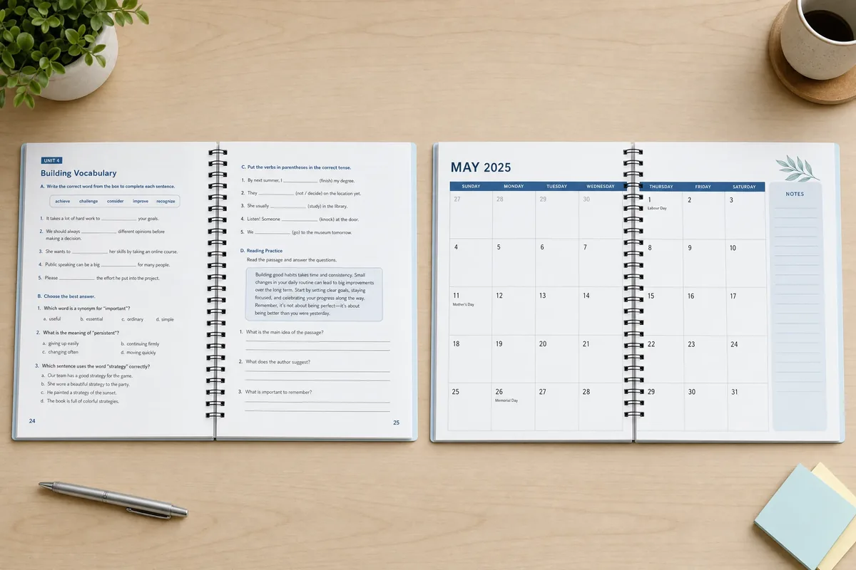 Side-by-side comparison of a wire-o bound workbook and planner showing lay-flat capability