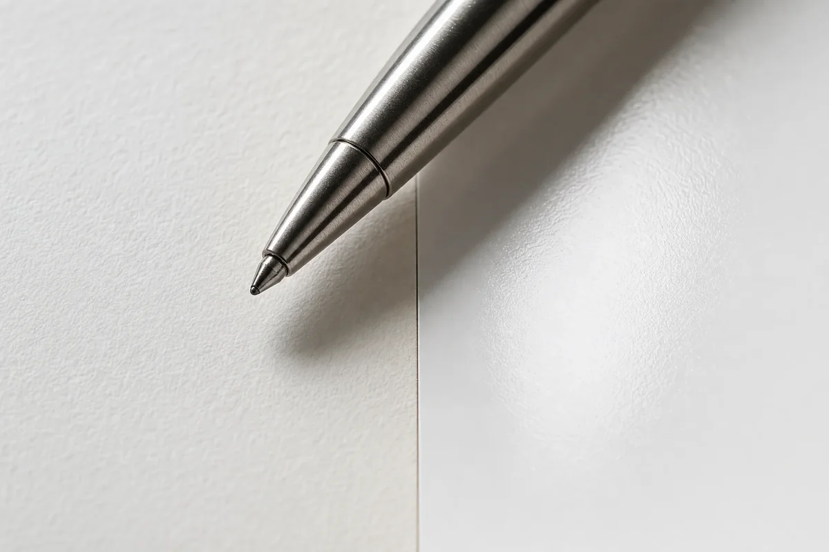 Close-up of different paper stocks showing uncoated offset vs coated paper texture for workbook and planner interiors