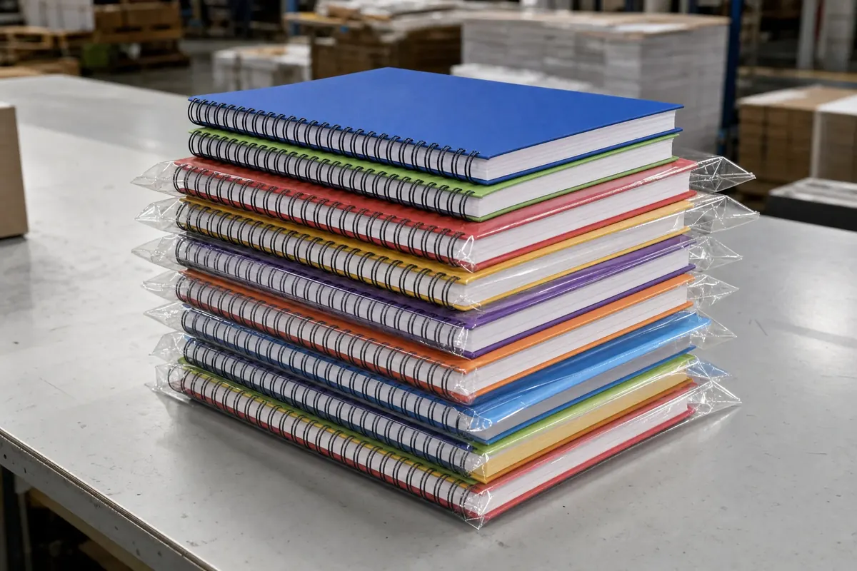 Stack of finished wire-o bound workbooks and planners showing production volume and packaging