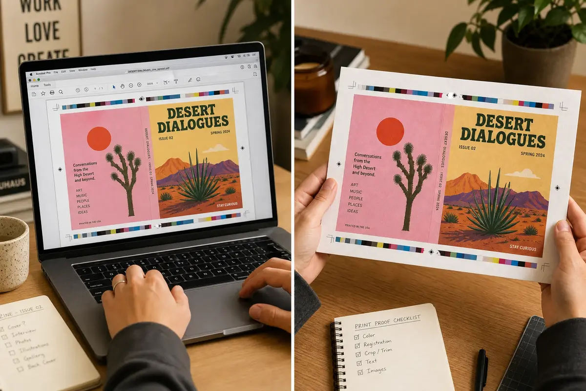 Digital proofing workflow: PDF review on screen alongside a physical hard-copy proof sample