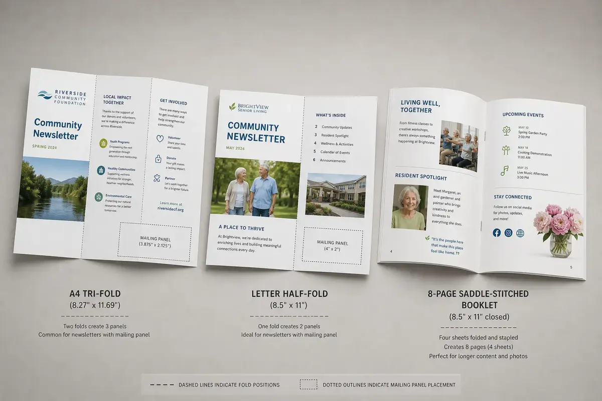 Newsletter format layouts: A4 trifold, letter half-fold, and saddle-stitched booklet options