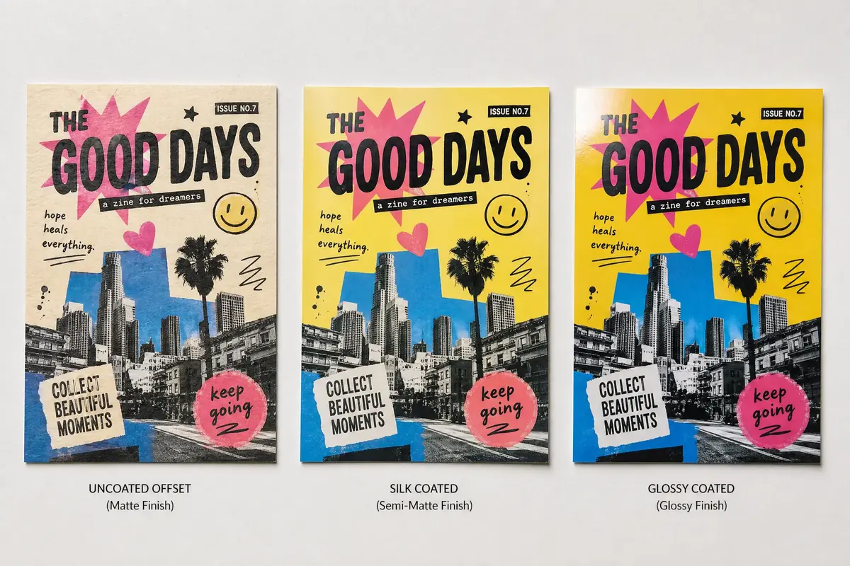 Paper types comparison: uncoated offset paper, silk coated, and glossy coated paper samples
