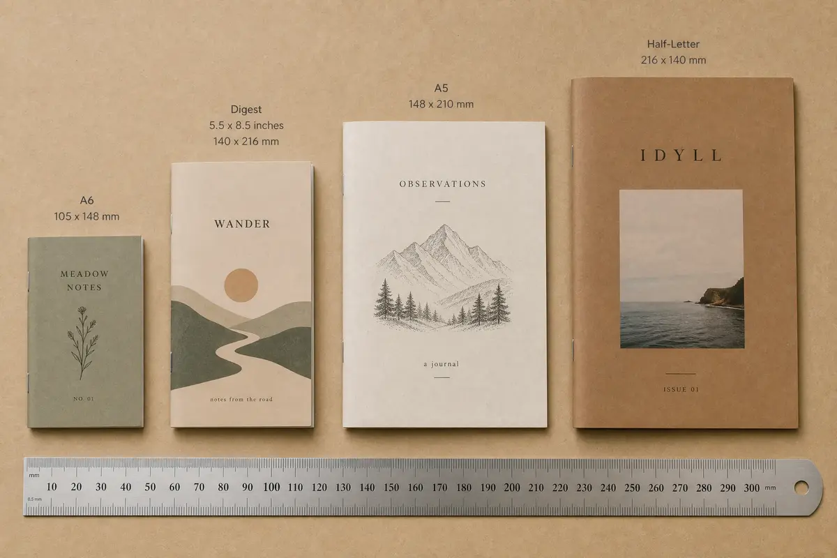 Common zine sizes comparison: A5, A6, Digest, and Half-Letter formats side by side