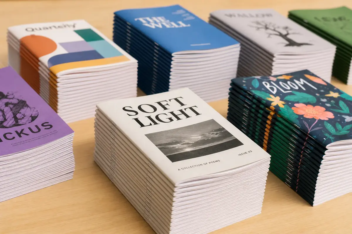 Stacks of small-batch zine and newsletter print runs ready for quality inspection